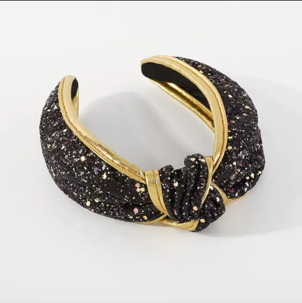Glitter Sequins Knot Hairband Headband, Black/Gold